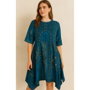 Ritu Kumar 100% Silk Paisley Floral Indian Blue Dress Size Large